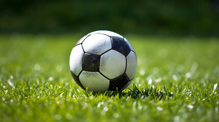 Fototapeta premium a soccer ball sits on the green grass and there is a white line created with Generative Ai