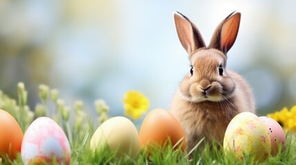 cute brown bunny hiding on green grass with colorful easter eggs background
