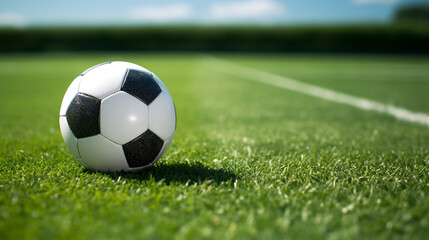Fototapeta premium a soccer ball sits on the green grass and there is a white line created with Generative Ai