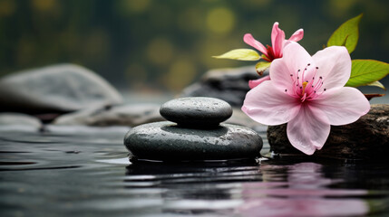 Fototapeta na wymiar Spa still life with water lily and zen stone in a serenity pool