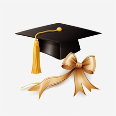 Student graduation cap with gold tassel and ribbon on white background