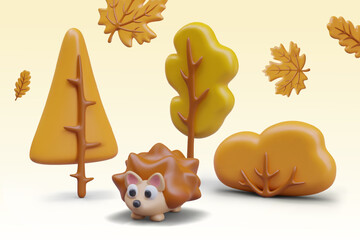 3D cute hedgehog in forest. Vector composition in plasticine style. Autumn poster on colored background. Process of leaf fall, preparation for winter. Wildlife concept
