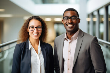 Happy confident business team people two Latin and African American colleagues standing in office