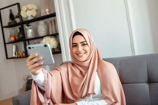 Smiling Arabian girl taking selfie picture with smartphone lying on the couch