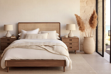 A bed with a headboard and dresser, in the style of organic modernism, white and bronze palette.