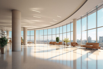 Naklejka premium A modern spacious office hall with panoramic windows and a perspective in natural beige, brown tones
