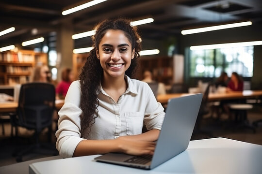 Happy Latin girl student using laptop computer in university library