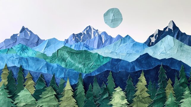Generative AI, Green forest landscape with mountains in torn paper style