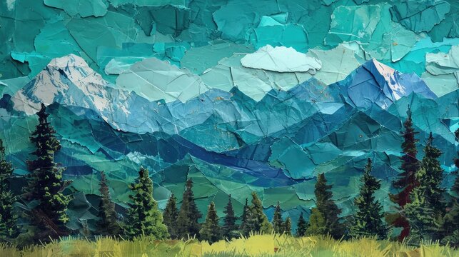 Generative AI, Green forest landscape with mountains in torn paper style