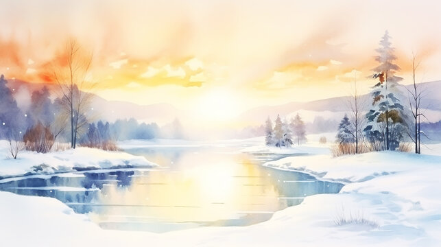 Abstract watercolor mountains landscape with lake and snow. Winter nature landscape blue color watercolor vector illustration. Drawing winter time concept background.