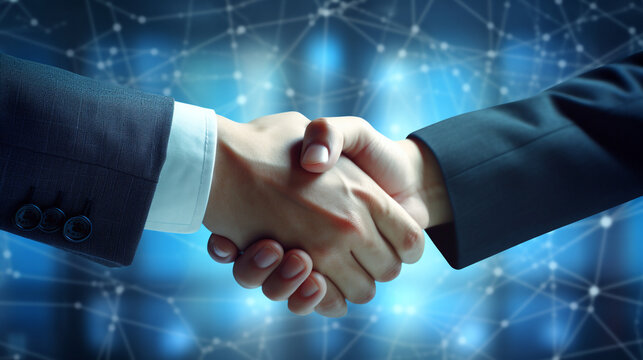 business handshake photo blue bokej background created with Generative Ai