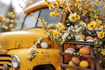 yellow spring truck with flowers, easter eggs and blossoming trees