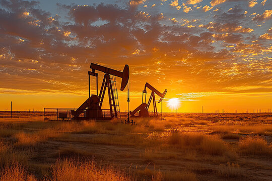Oil field site, in the sunrise, oil pumps are running, The oil pump and the beautiful sunset reflected in the water, the silhouette of the beam pumping unit in the morning.