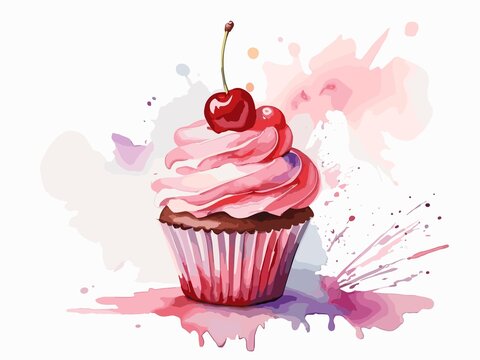 a watercolor painting of a cupcake with a cherry	