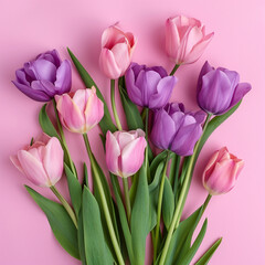 Pink and Purple Tulips on Pink Background, top view, ai technology