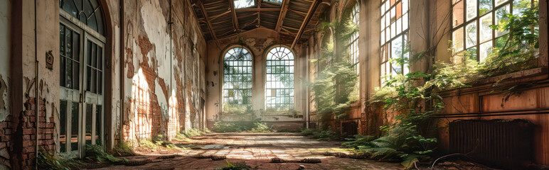 Obraz premium Sunlight shining through the window of an abandoned old building 