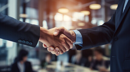 business handshake photo blurred office in the background created with Generative Ai
