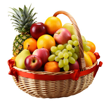 cesta de palha com mamão, melancia, abacaxi, manga, caju e goiaba isolado em fundo transparente - cesta de vime com frutas tropicais frescas on png background.