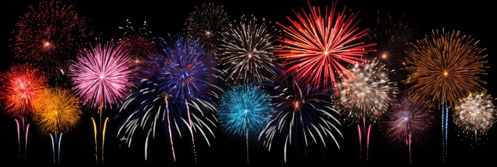 Fototapeta premium Firework explosions isolated on black background,
