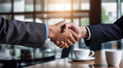 business handshake photo blurred office in the background created with Generative Ai