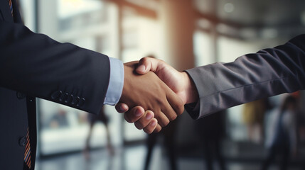 business handshake photo blurred office in the background created with Generative Ai