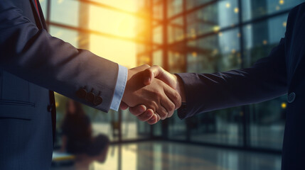 business handshake photo blurred office in the background created with Generative Ai