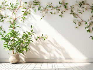 Lush foliage shadows on white background, creating a fresh interior atmosphere. Generative AI