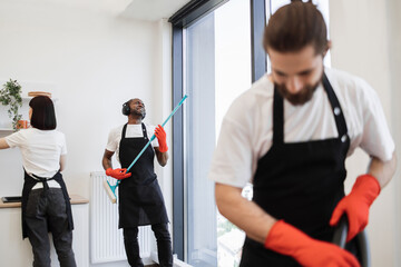 Team of professional cleaners on background of modern bright kitchen. African male worker washes...
