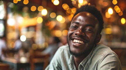 Obraz premium A happy man enjoying city life in a bar, with a smiling man and woman surrounded by the lively atmosphere of the city.