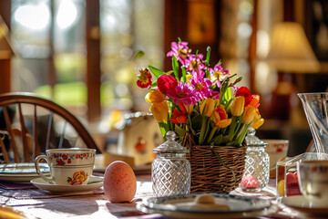 Obraz na płótnie Canvas Cozy Easter celebration in a charming, rustic bed and breakfast. Quintessential springtime decorations and vibrant colors complement the inviting warmth of the lodging. Weekend getaway in idyllic coun