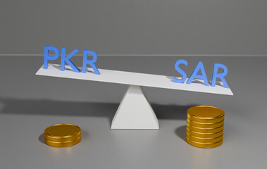 Pakistani rupee and Saudi Arabia riyal currency exchange 3d illustration with currency symbols and gold coins