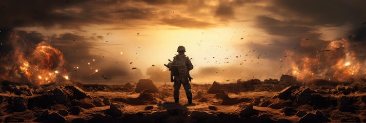 In a battlefield full of military atmosphere, a gunner is operating shells, beacon fire everywhere, flying sand and stones, - obrazy, fototapety, plakaty