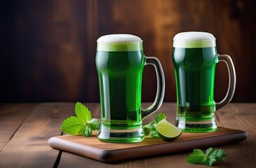 St. Patrick's Day, concept. Two glasses of green beer with foam stand on a wooden board on the table, next to there is a decoration of green mint and lime.
