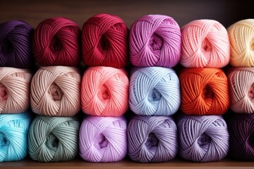 Balls of thread, Materials for needlework, Rack with yarn in the store, Shelf with multi-colored threads for knitting