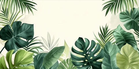 Artistic rendition of various tropical leaves in shades of green with a watercolor effect on a plain background.