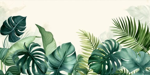 Artistic rendition of various tropical leaves in shades of green with a watercolor effect on a plain background. - obrazy, fototapety, plakaty