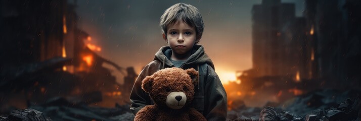 Midst of burning Buildings chaos, little kid stands with determined expression, clutching teddy bear tightly, robots wreak havoc around, night filled with fear, half moon, realistic and intense