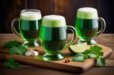 St. Patrick's Day, concept. Three glasses of green Irish beer with foam stand on a wooden board on the table, next to there is a decoration of green mint and lime.