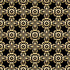 Seamless pattern with golden funereal ornament on black background. Template for design in vintage style.