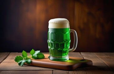 St. Patrick's Day, concept. One glass of green Irish beer with foam on a wooden board on the table, next to it is a green parsley decoration.