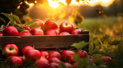 photo of freshly picked red apples in a wooden crate on grass in sunshine light.