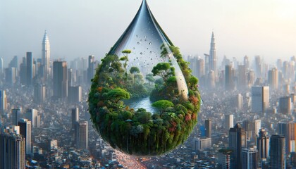 Forest in drops of water falling on a polluted city - obrazy, fototapety, plakaty