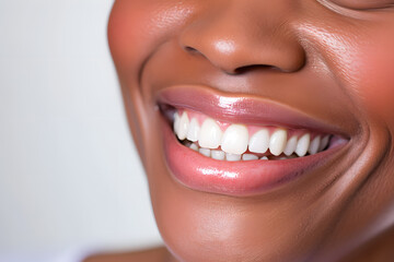 A close-up shot of pretty woman's face. Charming smile with immaculate teeth for dental service promotions	
