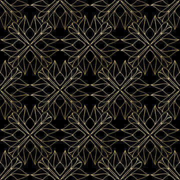 Seamless pattern with thin golden ornament on black background. Template for design in fashionable style.