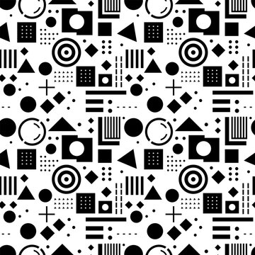 Seamless pattern with black  and white shapes retro line tv element  funky grid. Vector image