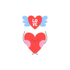 Smiling heart character holding a heart with wings and word Love in a flat cartoon style. Valentine's day sticker illustration design