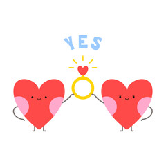 Love couple of heart characters holding a ring in a flat cartoon style. Yes word lettering. Proposal of marriage, engagement concept. Valentine's day sticker illustration design