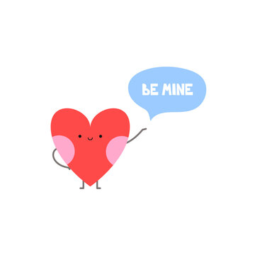 Smiling heart character pointing to a speech bubble in a flat cartoon style. Be Mine sign lettering. Valentine's day sticker illustration design
