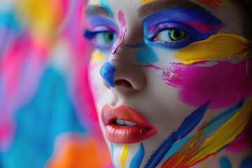 Artistic close-up of an American woman with a vibrant pop art makeup, against a colorful abstract...