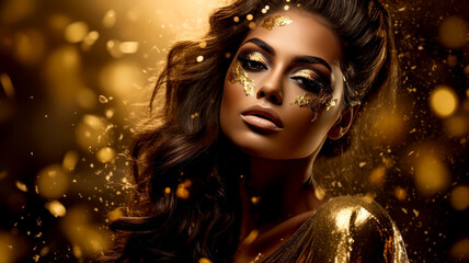 Woman with golden make-up in gold glittering dress on golden background. Beautiful woman with flowing hair. Warm, luxury and elegance atmosphere